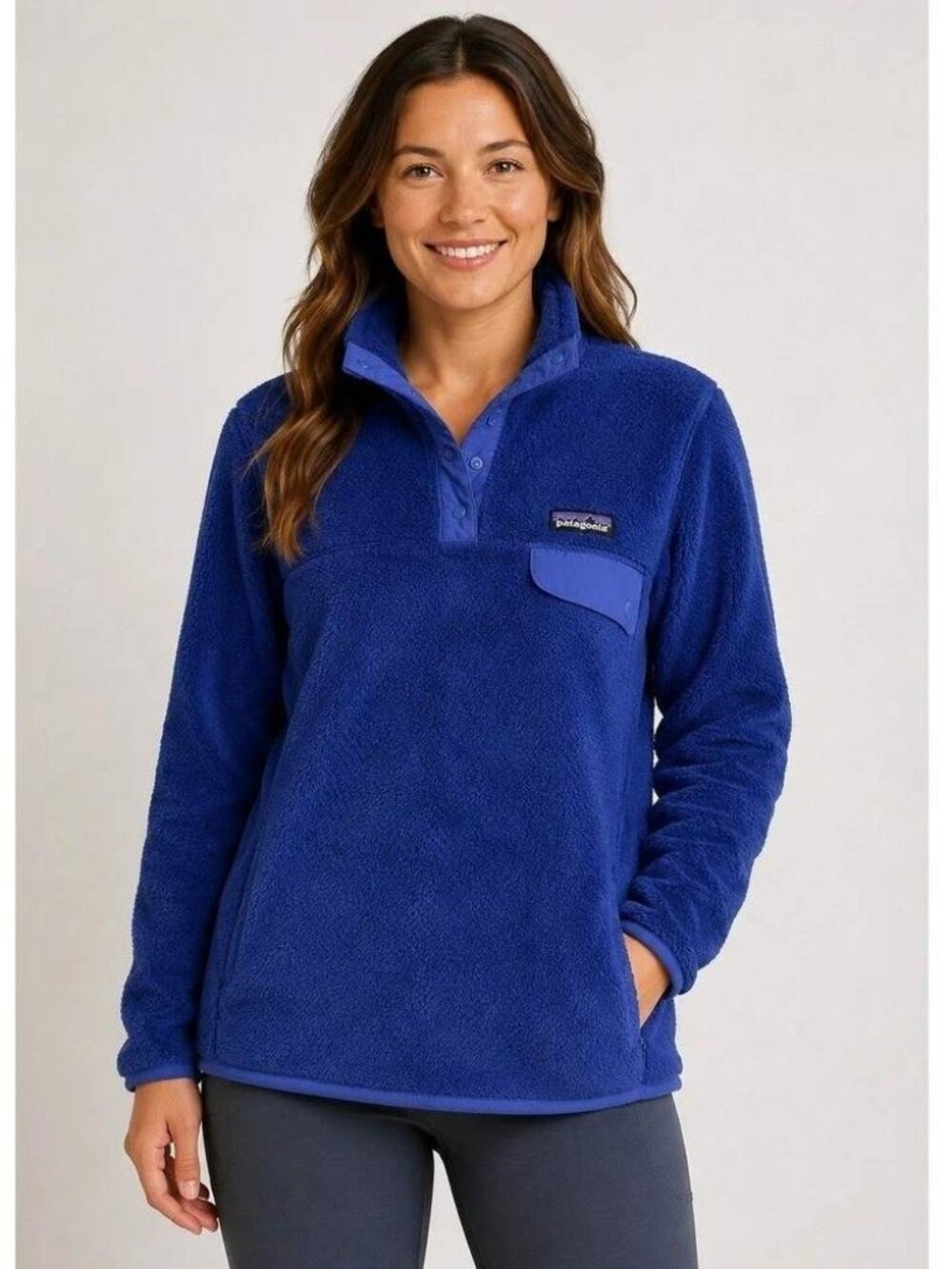 Patagonia Re-Tool Snap Fleece Pullover Women's Sz L Royal Blue Pockets Polartec